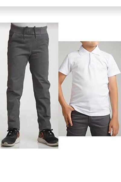 BAGİSTA BUTİK Children's Gray Linen (Elastic Waist) Pants White Short Sleeve School Lakos