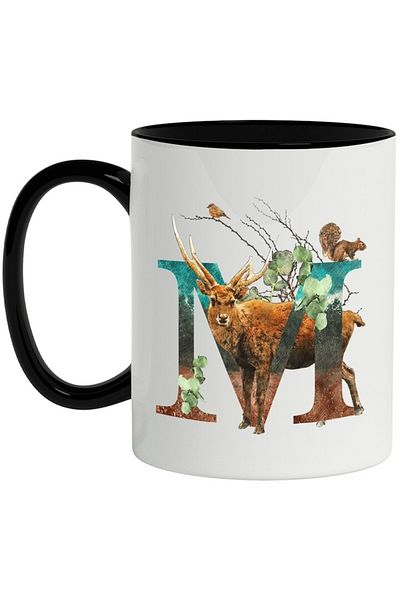INOVATIX Personalized white mug, Letter, M, Deer, Squirrel, with Black Handle, INOVATIX®. 330ml
