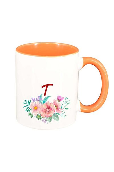 INOVATIX Personalized white mug, Flowers with alphabet, orange interior, D950, INOVATIX®. 330ml