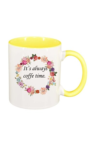 INOVATIX Εξατομικευμένη λευκή κούπα, Λουλούδια, Ώρα για καφέ, κίτρινο εσωτερι...