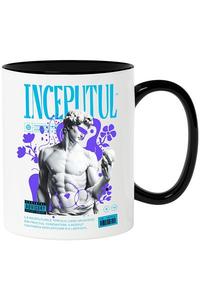 INOVATIX Personalized white mug, THE BEGINNING OF TIME, with Black Handle, INOVATIX®. 330ml