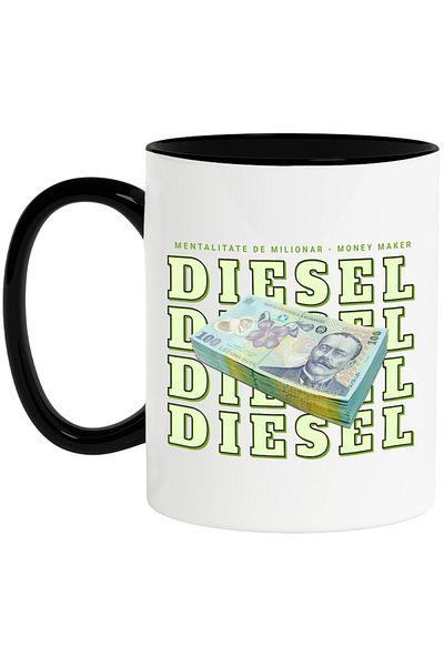 INOVATIX Personalized white mug, _Diesel_ - 100 Romanian Lei, with Black Handle, INOVATIX®. 330ml