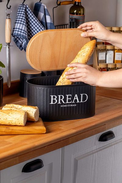 Turkco Metal Bread Bowl with Wooden Lid, Airtight Design, Retro Design, 32X19X17Cm