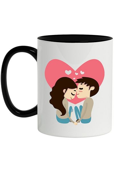 INOVATIX Personalized white mug, Couple, Heart, Kiss, with Black Handle, INOVATIX®. 330ml