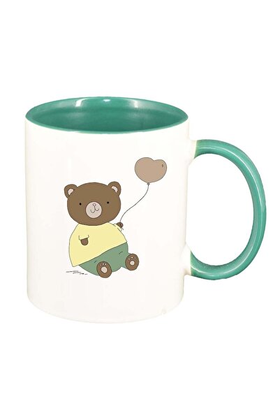 INOVATIX Cană albă personalizată, Ursuleț desenat cu balon, interior verde, D...