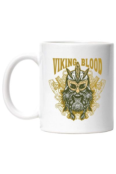 INOVATIX Personalized white mug, Message in English Viking Blood, Helmet, Axe, Runes, INOVATIX®. 330ml
