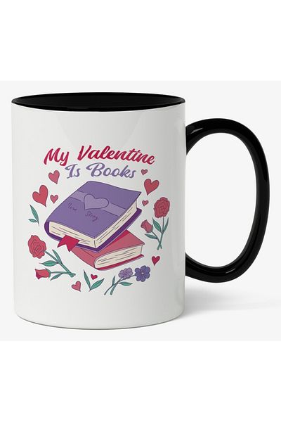 INOVATIX Personalized white mug, My Valentine is Books, Flowers, with Black Handle, INOVATIX®. 330ml