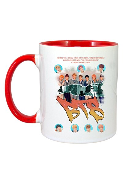 INOVATIX Персонализирана бяла чаша, Bts Band 2, червена дръжка и вътрешност, ...