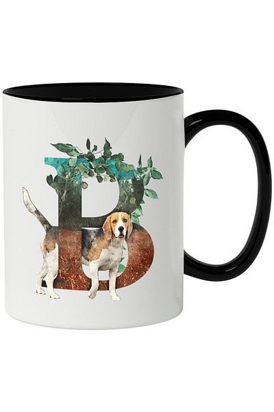 INOVATIX Personalized white mug, Beagle, Puppy, Letter, B, Leaves, with Black Handle, INOVATIX®. 330ml