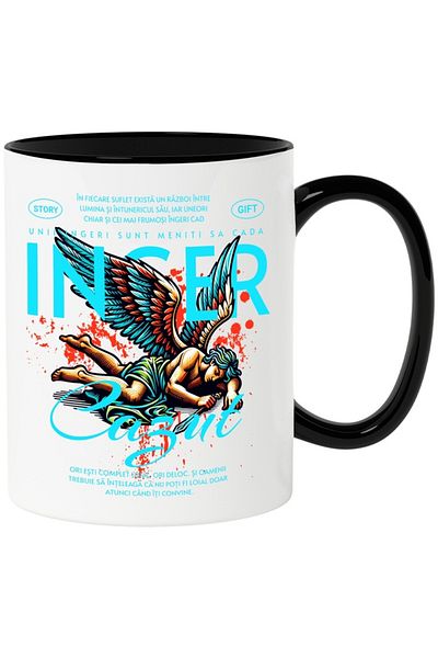 INOVATIX Personalized white mug, Fallen Angel - Loyalty, with Black Handle, INOVATIX®. 330ml