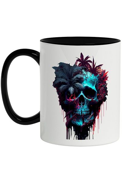INOVATIX Personalized white mug, Skull, Tropical, Palm Trees, Plants, Gothic, with Black Handle, INOVATIX®. 330ml
