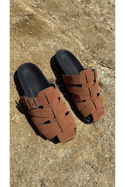 Eataly Shoes Γυναικείες παντόφλες Tan Suede Basket Model Buckle Flat