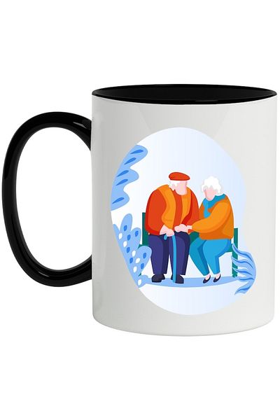 INOVATIX Personalized white mug, Couple, Elderly, Cane, Bench, with Black Handle, INOVATIX®. 330ml