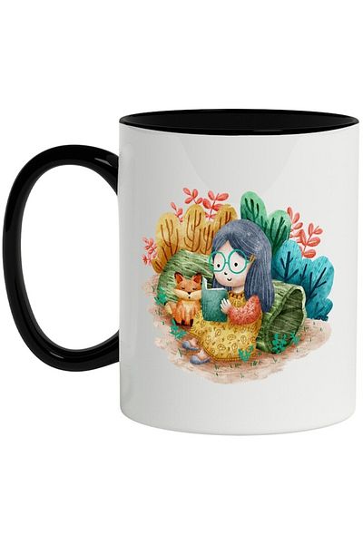 INOVATIX Personalized white mug, Girl, Forest, Fox, Book, with Black Handle, INOVATIX®. 330ml