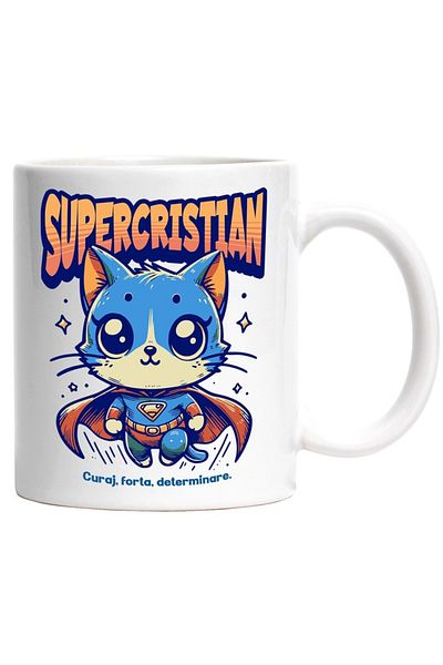 INOVATIX Personalized white mug, Super Cristian, Superhero, Flying Cat, INOVATIX®. 330ml