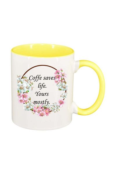 INOVATIX Personalized white mug, Flowers, Coffee saves life, yellow interior, D1040, INOVATIX®. 330ml