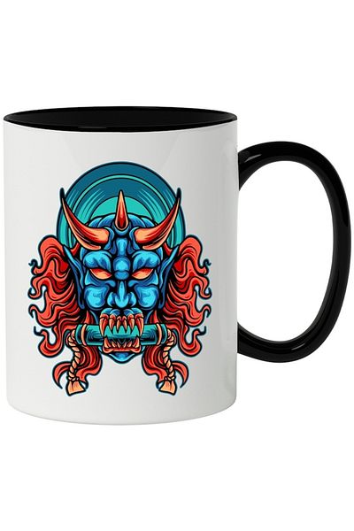 INOVATIX Personalized white mug, Demon, Devil, Parchment, Fangs, Horns, with Black Handle, INOVATIX®. 330ml