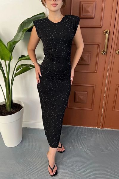 Sorridi Padded Waist Part Draped Stone Back Slit Dress
