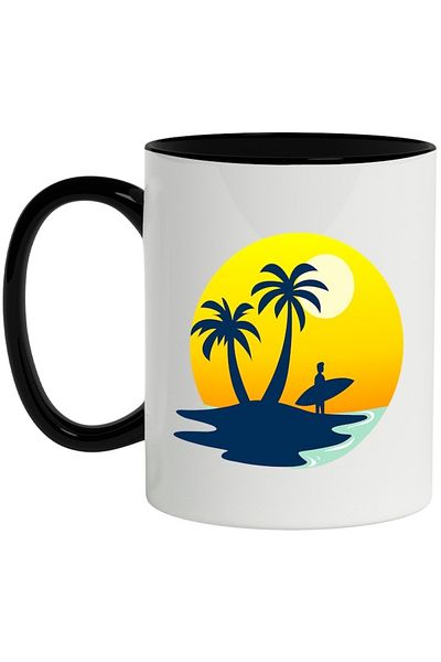 INOVATIX Personalized white mug, Island, Sunset, Surf, Palm Trees, with Black Handle, INOVATIX®. 330ml