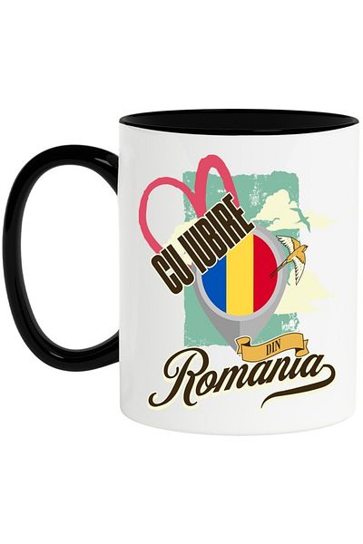 INOVATIX Personalized white mug, Love from Romania, with Black Handle, INOVATIX®. 330ml