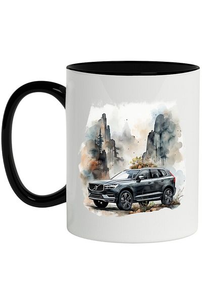 INOVATIX Personalized white mug, Car, Volvo XC60, Forest, Mountains, Fir Trees, with Black Handle, INOVATIX®. 330ml