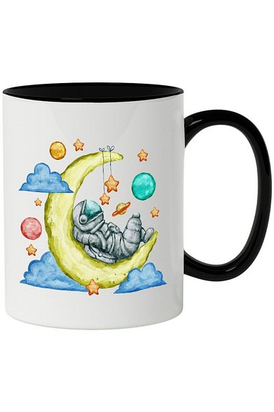 INOVATIX Personalized white mug, Astronaut, Clouds, Moon, Planets, with Black Handle, INOVATIX®. 330ml