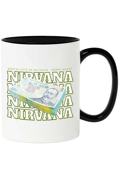 INOVATIX Personalized white mug, __Nirvana_ - 100 Romanian Lei, with Black Handle, INOVATIX®. 330ml