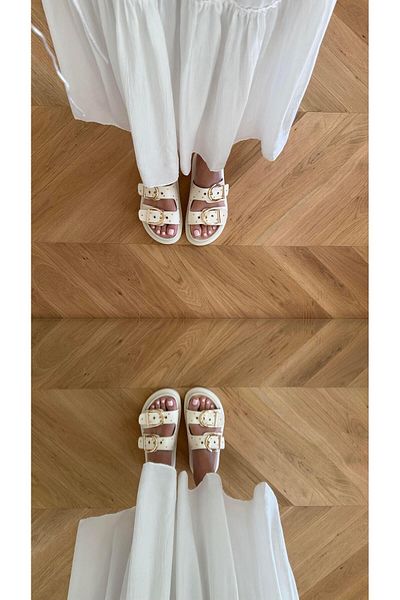 Eataly Shoes Papuci de damă bej cu bandă dublă groasă