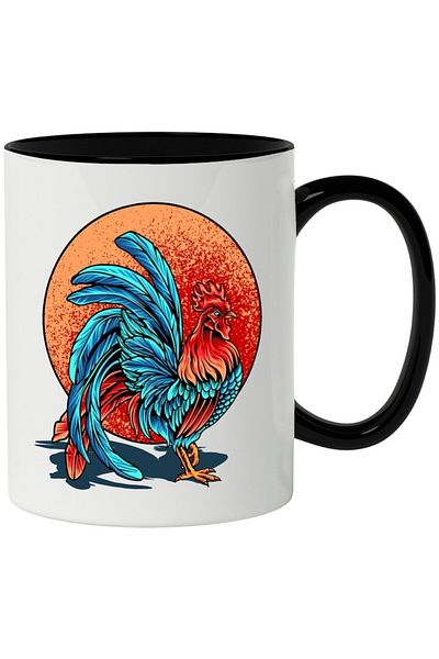 INOVATIX Personalized white mug, Rooster, Feathers, Sun, Shadow, Paint, Bird, with Black Handle, INOVATIX®. 330ml