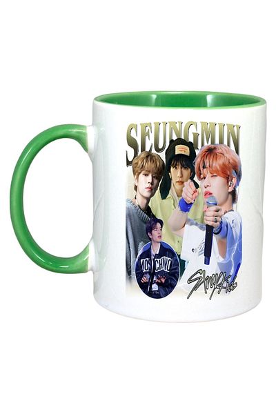 INOVATIX Personalized White Mug, Seungmin Band, Green Handle and Interior, ®. 330ml
