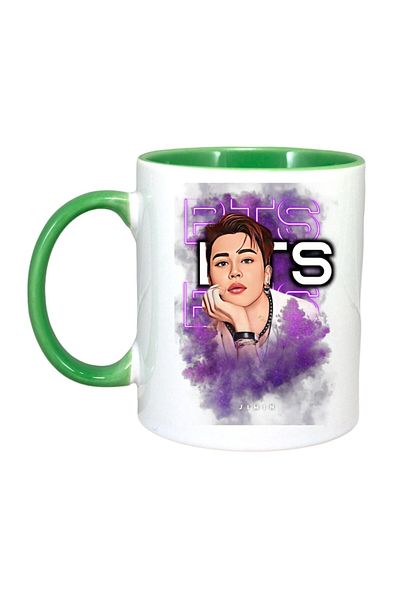 INOVATIX Personalized White Mug, BTS Jim Band, Green Handle and Interior, ®. 330ml