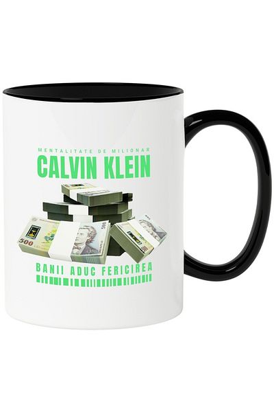 INOVATIX Personalized white mug, _Calvin Klein_ - Money Brings Happiness, with Black Handle, INOVATIX®. 330ml