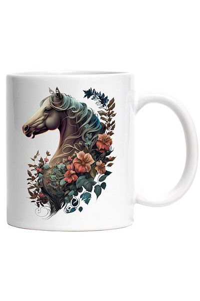 INOVATIX Personalized white mug, Horse, Portrait, Flowers, Leaves, Fantasy, INOVATIX®. 330ml