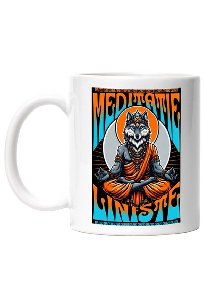 INOVATIX Cana alba personalizata, Meditatie si Liniste - Lupul facand Yoga, I...