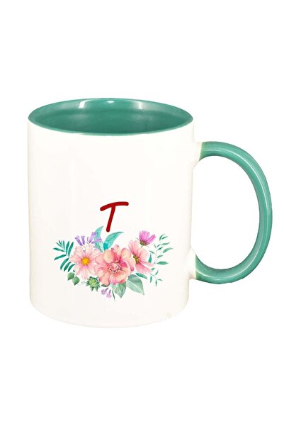 INOVATIX Εξατομικευμένη λευκή κούπα, Λουλούδια με αλφάβητο, πράσινο εσωτερικό...