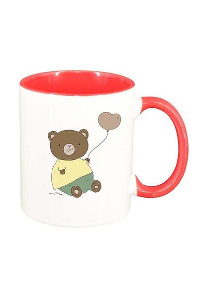 INOVATIX Personalized white mug, Drawn Bear with balloon, dark red interior, D1002, INOVATIX®. 330ml