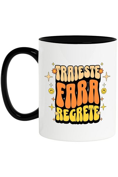 INOVATIX Personalized white mug, Live Without Regrets, with Black Handle, INOVATIX®. 330ml