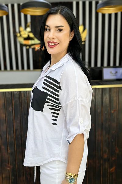 GÖKSEL White Black Patterned Shirt Large Size