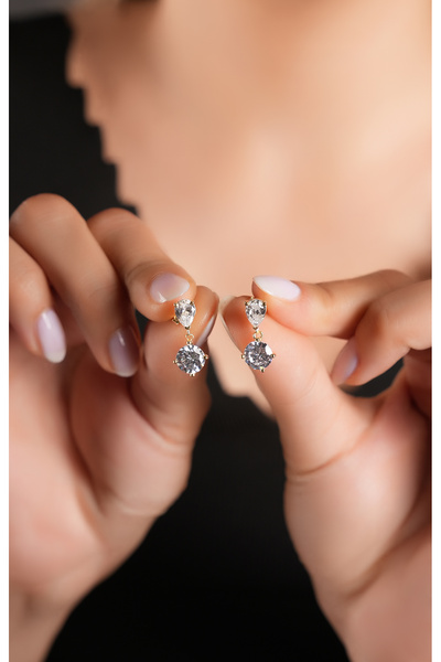 SUNSHINE 925 Ayar Gümüş , Gold Kaplamalı Damla Ve Yuvarlak Taşlı Zarif Tasarım Küpe