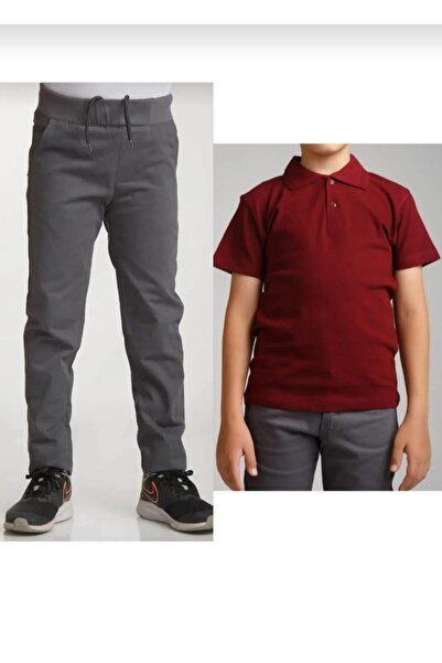 BAGİSTA BUTİK بنطلون كتان رمادي للأطفال (خصر مطاطي) أحمر كلاريت بأكمام قصيرة للمدرسة LAKOS