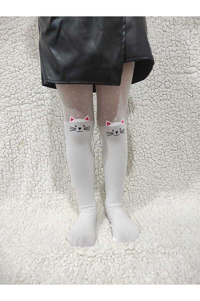 DÜVEN White Girl's Seal Cat Print Pantyhose