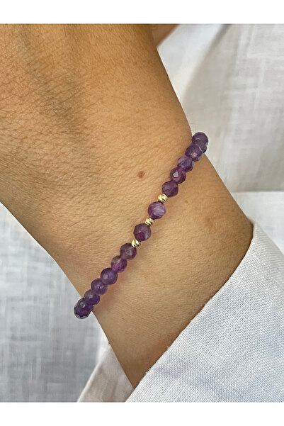 Rupen Kraft 14 Ayar Altın Dorika Detaylı Doğal Amatis Taşlı Unisex Altın Bileklik