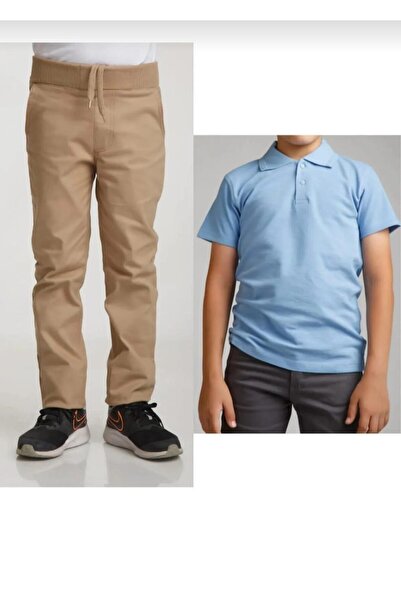 BAGİSTA BUTİK بنطلون أطفال من الكتان البيج (خصر مطاطي) أزرق فاتح بأكمام قصيرة...