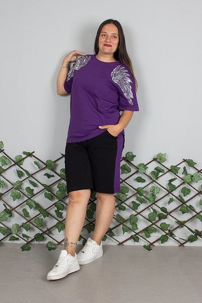 Truva XXL Plus Size Angel Wing Stone Embroidered Purple Shorts Suit