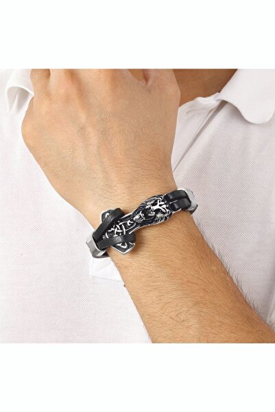 vogutima jewelery&silver by timuçin mavili Erkek Çelik Ve Deri Bileklik Aslan...