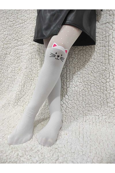 DÜVEN White Girl's Seal Cat Print Pantyhose