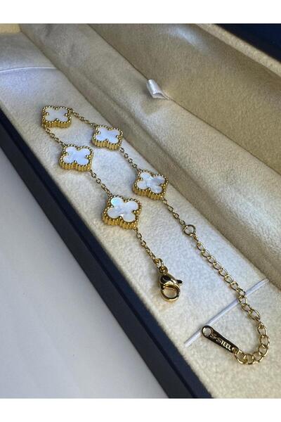 GWOMA Kadın Çelik Bileklik - 4 Yapraklı Yonca 5'li Taşlı Altın Kaplama • Işık...