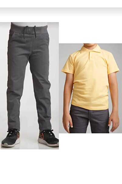 BAGİSTA BUTİK Children's Gray Linen (Elastic Waist) Pants Yellow Short Sleeve School Lakos