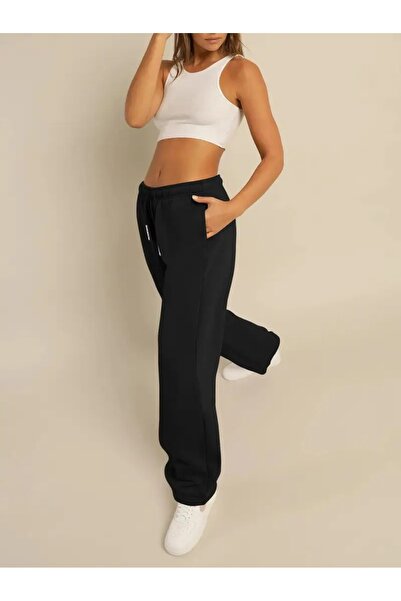 LOSSİA Γυναικείο μαύρο φαρδύ παντελόνι φόρμας μεγάλου μεγέθους, υψηλής ποιότη...