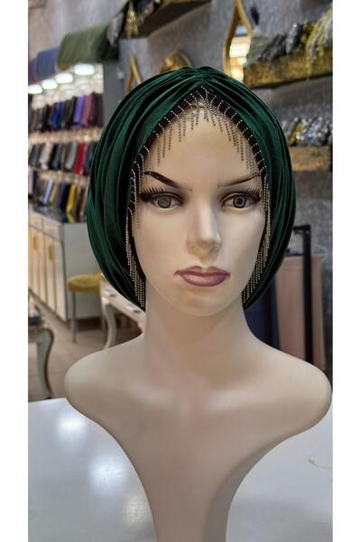 zagreus Kadın zümrüt yeşili kadife büzgülü sacaklı bone çok terçih edilen tas...